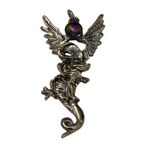 Dragon Pendant With Rainbow Crystal Accent Silver Tone Winged 2.25" tall